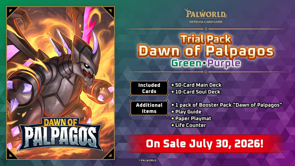 Official box art of the Palworld TCG TD02 trial deck, Dawn of Palpagos Green·Purple, English edition