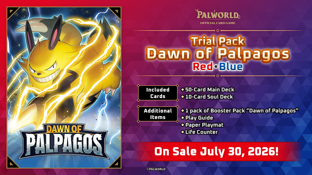 Official box art of the Palworld TCG TD01 trial deck, Dawn of Palpagos Red·Blue, English edition