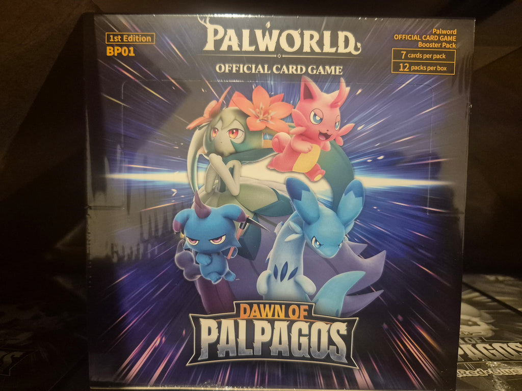 Our own BP01 Dawn of Palpagos carton, counted 1 September 2026: the box front reads 1st Edition BP01 and carries the Palword badge, the first print marker