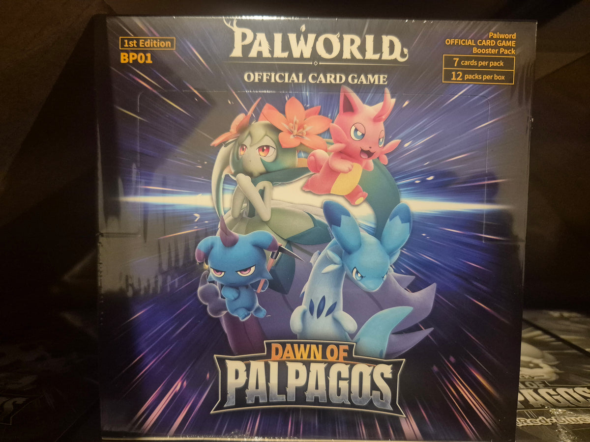 Our own BP01 Dawn of Palpagos carton, counted 1 September 2026: the box front reads 1st Edition BP01 and carries the Palword badge, the first print marker