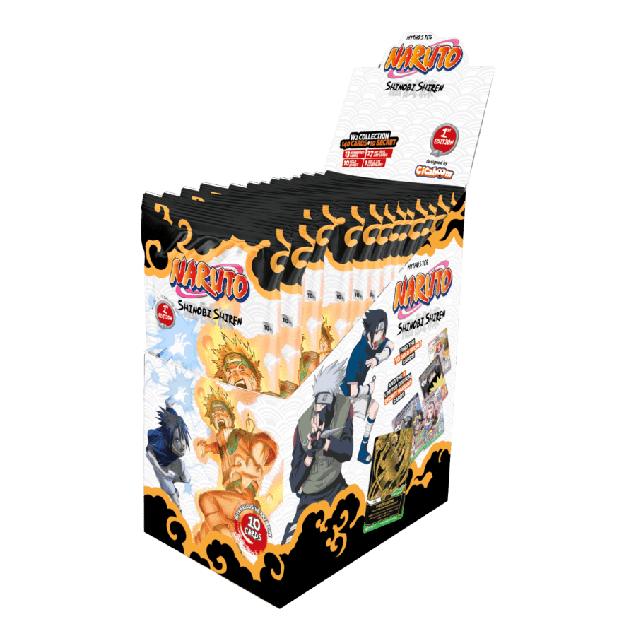 Naruto Mythos TCG Set 2 Shinobi Shiren 1st Edition booster display, front of the box